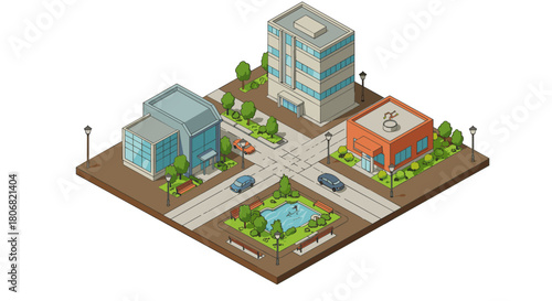 Charming isometric cityscape with buildings, park, and streets