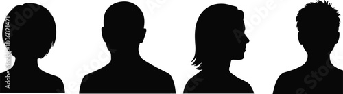 Human head silhouettes set vector illustration, male and female user profile avatars, anonymous face icons front and side view