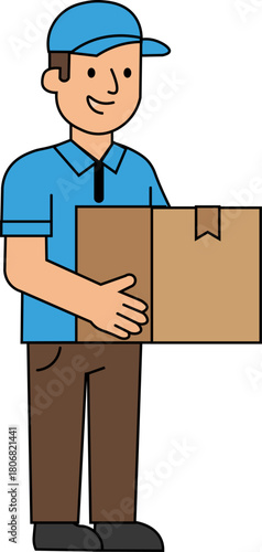 Friendly delivery man holding cardboard package box