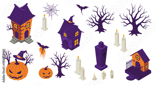 Spooky halloween isometric elements with haunted houses, pumpkins, and ghostly candles