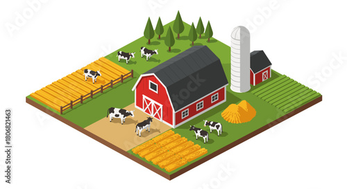 Isometric farm scene with barn, cows, silo, and crops in vibrant green landscape