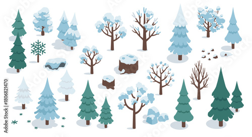 Winter tree set with snowy pines and bare branches in isometric style