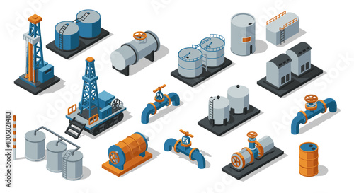 Industrial equipment isometric set with tanks, pipelines, and oil rigs