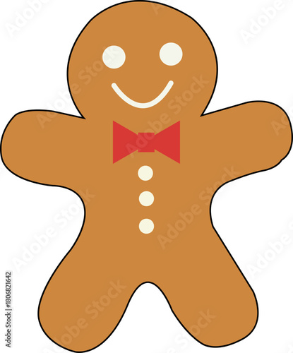 Cute smiling gingerbread man with red bow tie icon