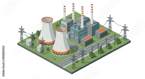 Isometric nuclear power plant with cooling towers and high voltage towers