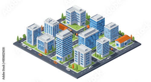 Isometric city block with modern buildings and streets