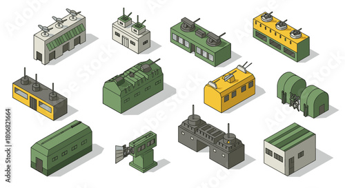 Isometric industrial buildings collection: factories, hangars, military structures