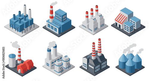 Isometric industrial buildings set featuring factories with smokestacks