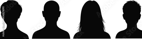 Human head silhouettes vector set, male and female user profile avatars with diverse hairstyles, anonymous face icons front view