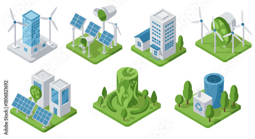 Sustainable energy icons: isometric eco-friendly power concepts with wind turbines and solar panels