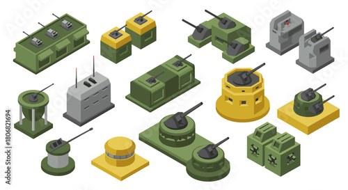 Isometric military defense turrets collection in various colors and designs