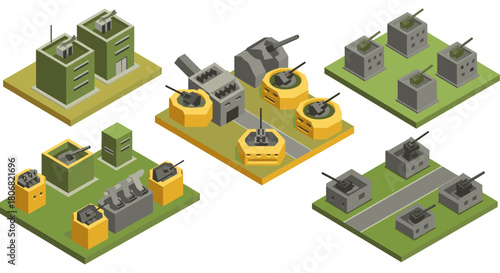 Isometric artillery and defense buildings collection for strategic game design