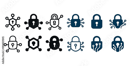 Cybersecurity icons: lock and network symbols representing digital security