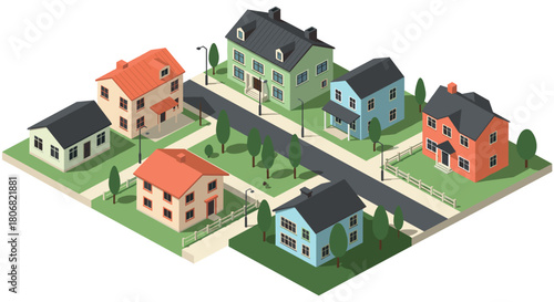 Isometric neighborhood with colorful homes and trees