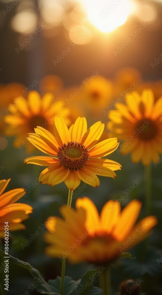 Obraz premium Yellow flowers in a field with the sun setting in the background