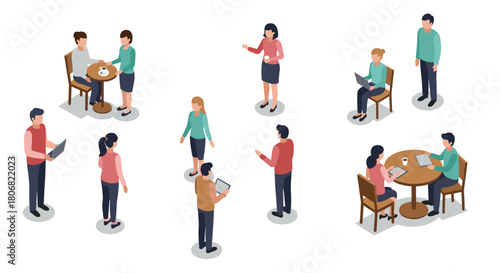 Isometric office scene with people interacting and working in groups