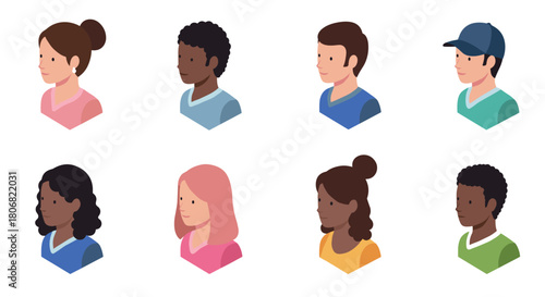 Diverse group of isometric people with different hairstyles and clothing