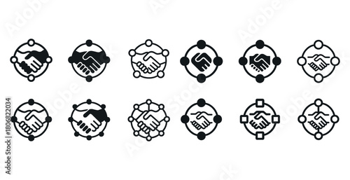 Collection of handshake icons in various geometric frames