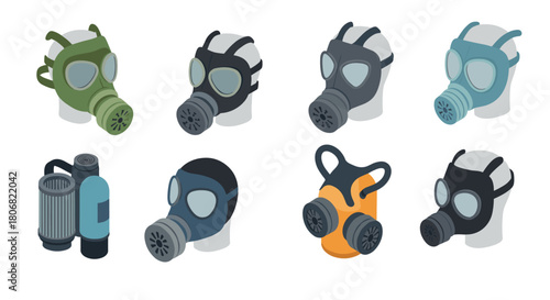 Collection of isometric respirator masks with various designs and colors