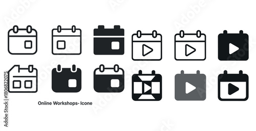 Black and white online workshop icons set with play and calendar designs