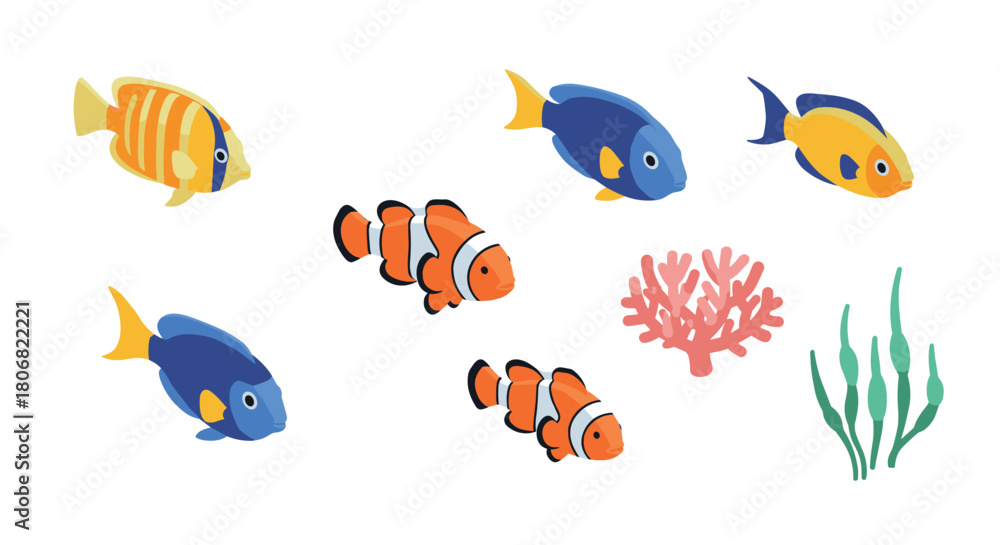 Naklejka premium Colorful aquarium fish and coral with seaweed on white background