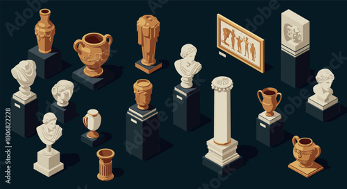 Isometric ancient artifacts collection with busts, vases, and columns