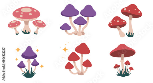 Whimsical mushrooms set: cartoon style fungi in vibrant colors