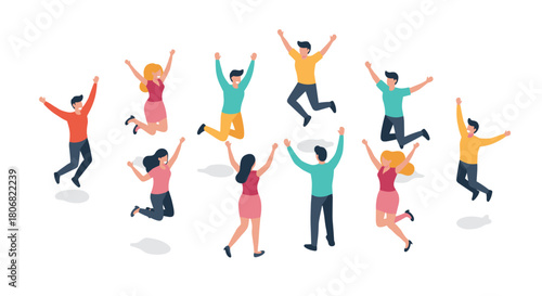 Group of people celebrating with joyful jumps in a flat isometric style