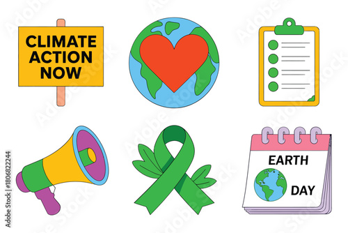 Environmental campaign symbols, climate action banner, planet with heart, inspection checklist, loudspeaker message, green ribbon emblem, celebration vector