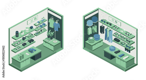 Isometric store display with apparel and accessories in green tones