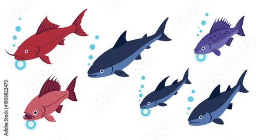 Colorful cartoon fish with bubbles on white background