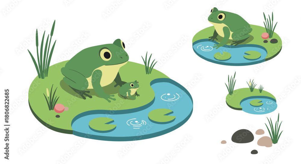 Obraz premium Cartoon frogs on lily pad ponds with green reeds in flat design