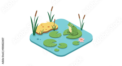 3d isometric frog on pond with lily pads and reeds