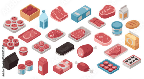 Variety of isometric meat and dairy products on display