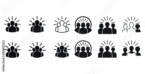 Silhouette icons of groups with highlighted head figures in black and white