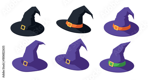 Colorful halloween witch hats collection in isometric style