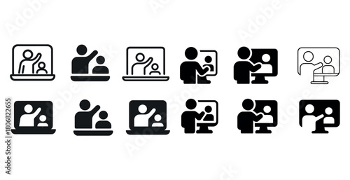 Diverse computer icon set displaying people interacting with technology