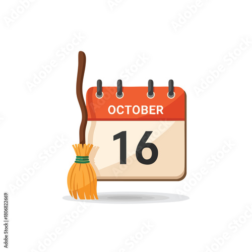 October 16th Calendar Page with Broom Accent: Illustrating a Seasonal Reminder for Halloween or Autumn Festivities