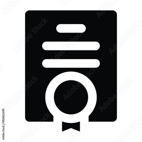 Bold black glyph of a certificate with a ribbon seal, ideal for academic awards, achievements, recognition materials, and educational visuals.