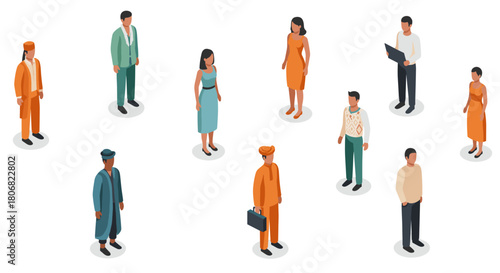 Diverse isometric characters in various outfits on white background