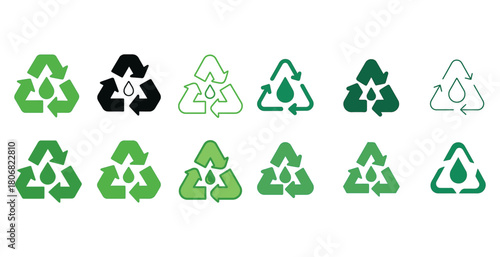 Collection of various green and black recycling symbols with water drop motif