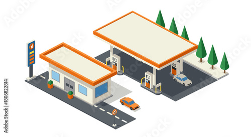 Isometric gas station with cars and trees in a modern cityscape setting