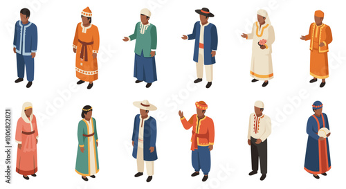 Diverse traditional attire in isometric style featuring men and women from various cultures