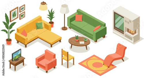 Modern isometric living room interior design with cozy furniture and decor elements