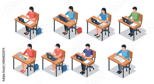 Isometric students working at desks with laptops and books in classroom setting
