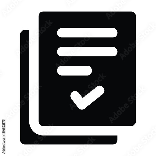 Solid glyph of a checklist sheet with a marked box, designed in bold black style for education, study materials, tests, and academic resources.