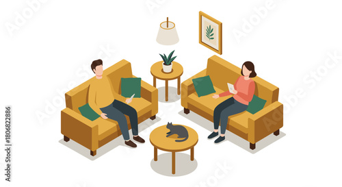 Cozy living room scene with people relaxing on sofa and cat on table in isometric style