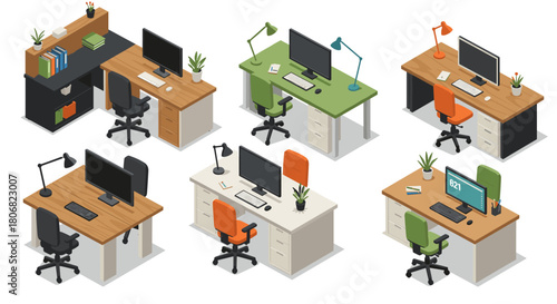 Modern isometric office desks with computers and accessories in various color schemes