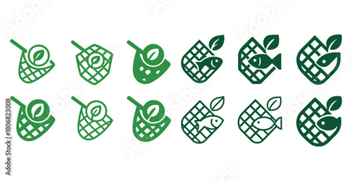 Green leaf fish and net icons: environment and sustainability symbols