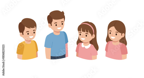 Group of happy children in casual outfits engaging in friendly conversation